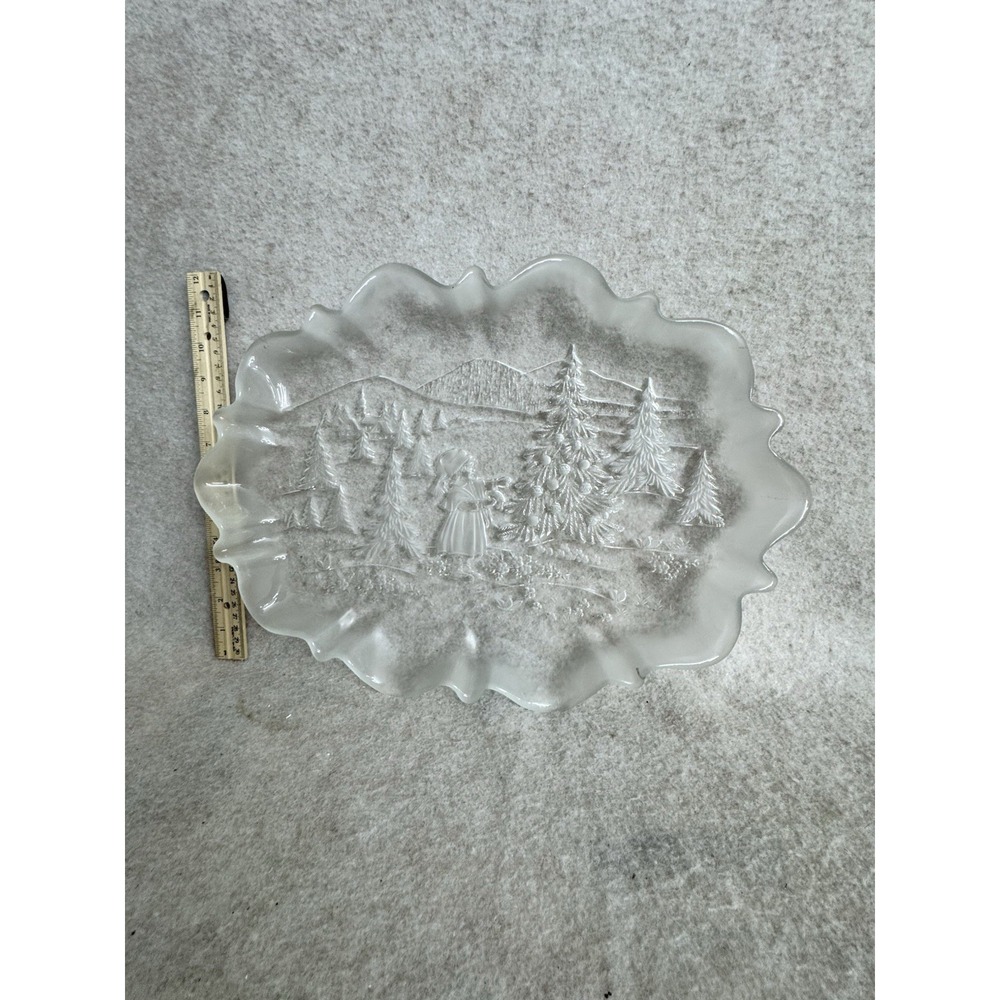 Clear‎ Embossed Glass Serving Platter Winter Scene Girl Trees Mountains Holiday
